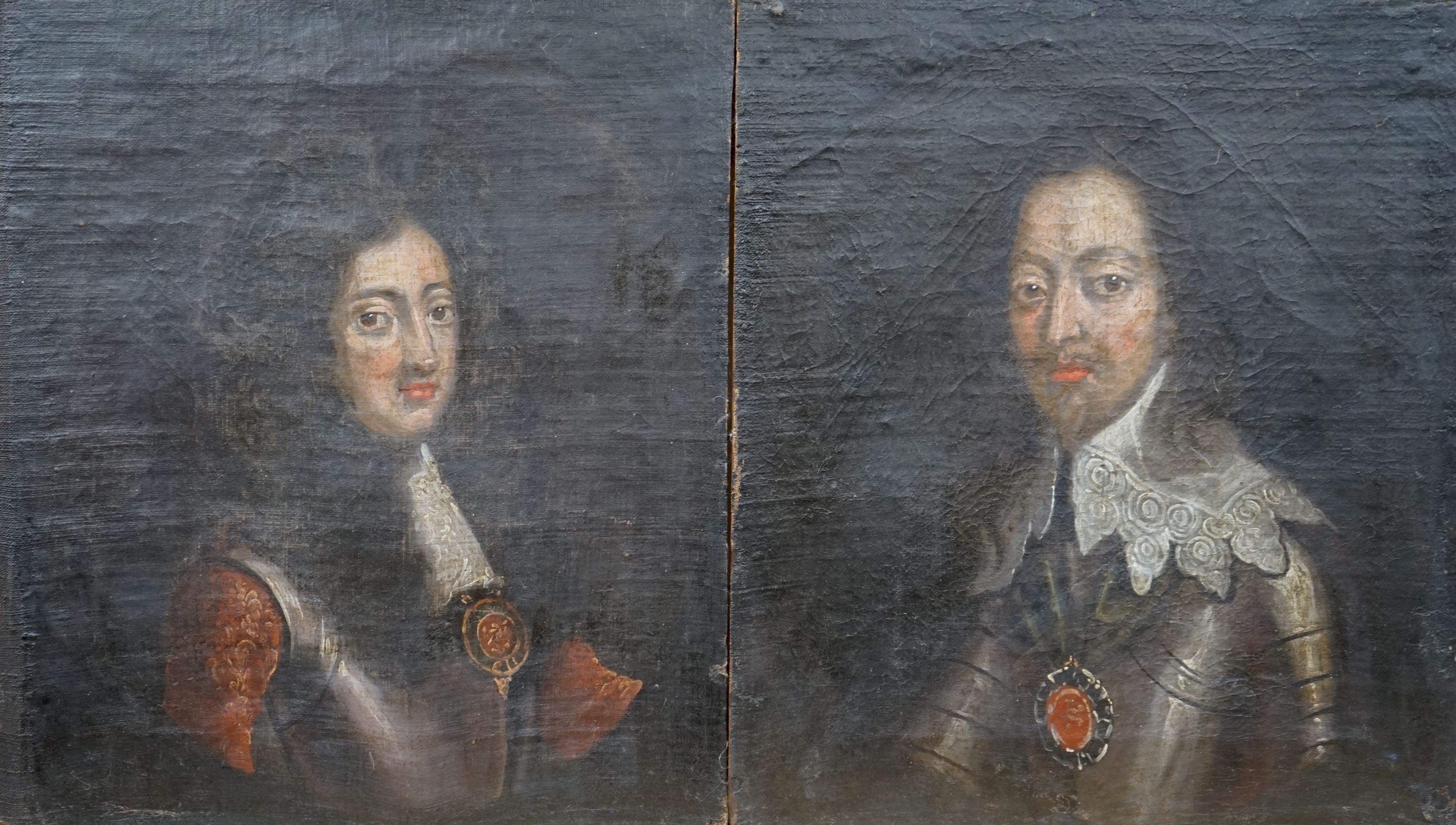 Late 18th century English School, pair of oils on canvas, Portraits of Charles I and Charles II, 36 x 31.5cm, unframed